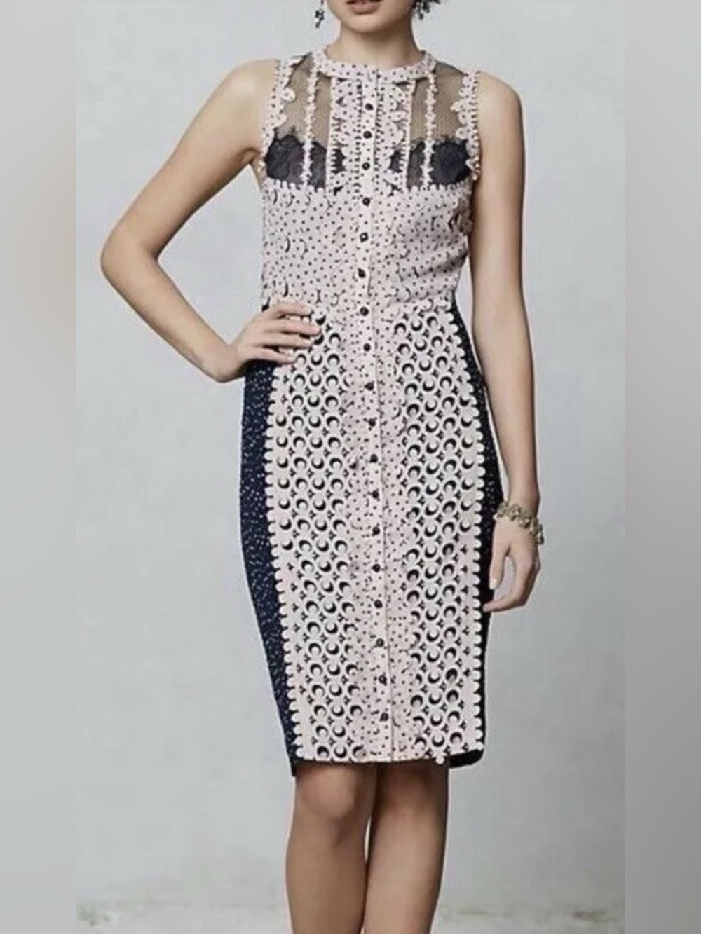 Byron Lars Beguile Pink Navy Lace Eyelet Sheath Dress Size 4